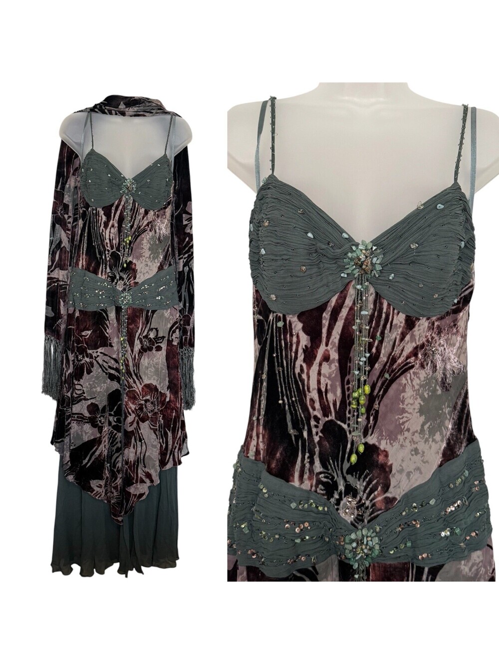 Rare Sue Wong Vintage Silk Velvet Floral Beaded Gown Dress Size 14 with Scarf